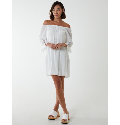 Bardot Tunic Dress With Crochet Lace Sleeves Bardot Tunic Dress With Crochet Lace Sleeves