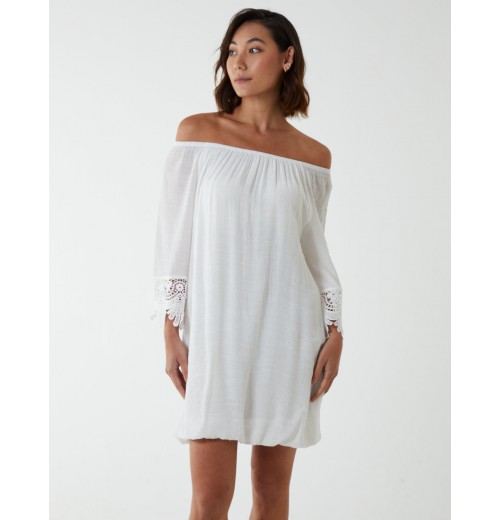 Bardot Tunic Dress With Crochet Lace Sleeves Bardot Tunic Dress With Crochet Lace Sleeves