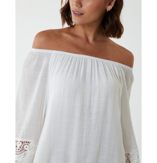Bardot Tunic Dress With Crochet Lace Sleeves Bardot Tunic Dress With Crochet Lace Sleeves
