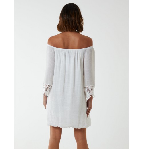 Bardot Tunic Dress With Crochet Lace Sleeves Bardot Tunic Dress With Crochet Lace Sleeves