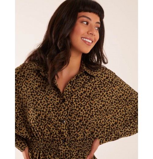 Leopard Print Shirred Waist Shirt Leopard Print Shirred Waist Shirt