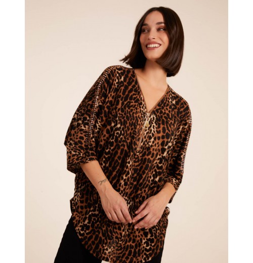 Zip Front Leopard Diamante Tunic Top Zip Front Leopard Diamante Tunic Top