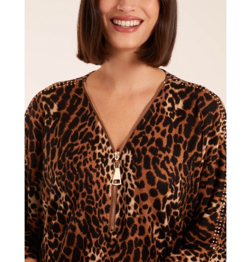 Zip Front Leopard Diamante Tunic Top Zip Front Leopard Diamante Tunic Top