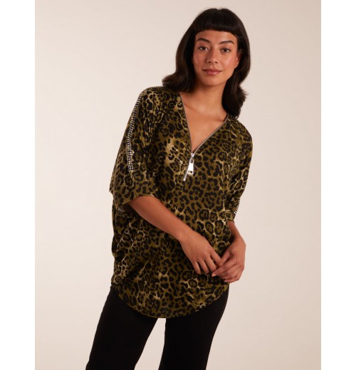 Leopard Zip Front Diamante Tunic Top Leopard Zip Front Diamante Tunic Top