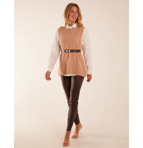 Rib Knit Vest With Blouse With Belt Rib Knit Vest With Blouse With Belt