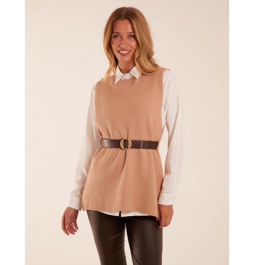 Rib Knit Vest With Blouse With Belt Rib Knit Vest With Blouse With Belt
