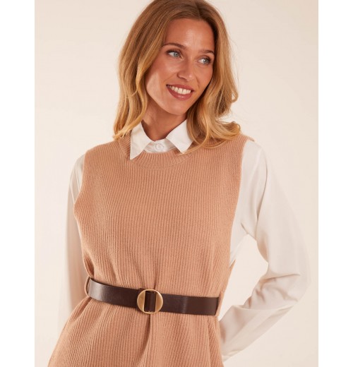 Rib Knit Vest With Blouse With Belt Rib Knit Vest With Blouse With Belt