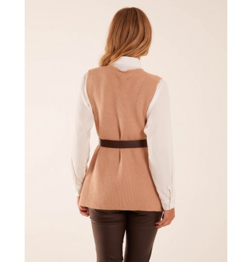 Rib Knit Vest With Blouse With Belt Rib Knit Vest With Blouse With Belt