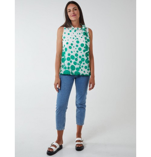 Sleeveless Polka Dot Top With Tie Neck Sleeveless Polka Dot Top With Tie Neck