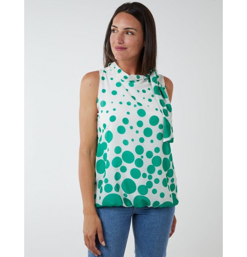 Sleeveless Polka Dot Top With Tie Neck Sleeveless Polka Dot Top With Tie Neck