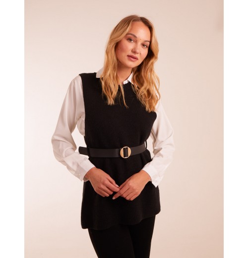 Rib Knit Vest With Blouse With Belt Rib Knit Vest With Blouse With Belt